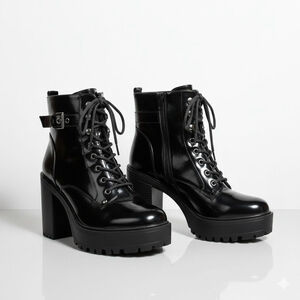 GBG Black Patent Heeled Combat Boots Women's Size 10